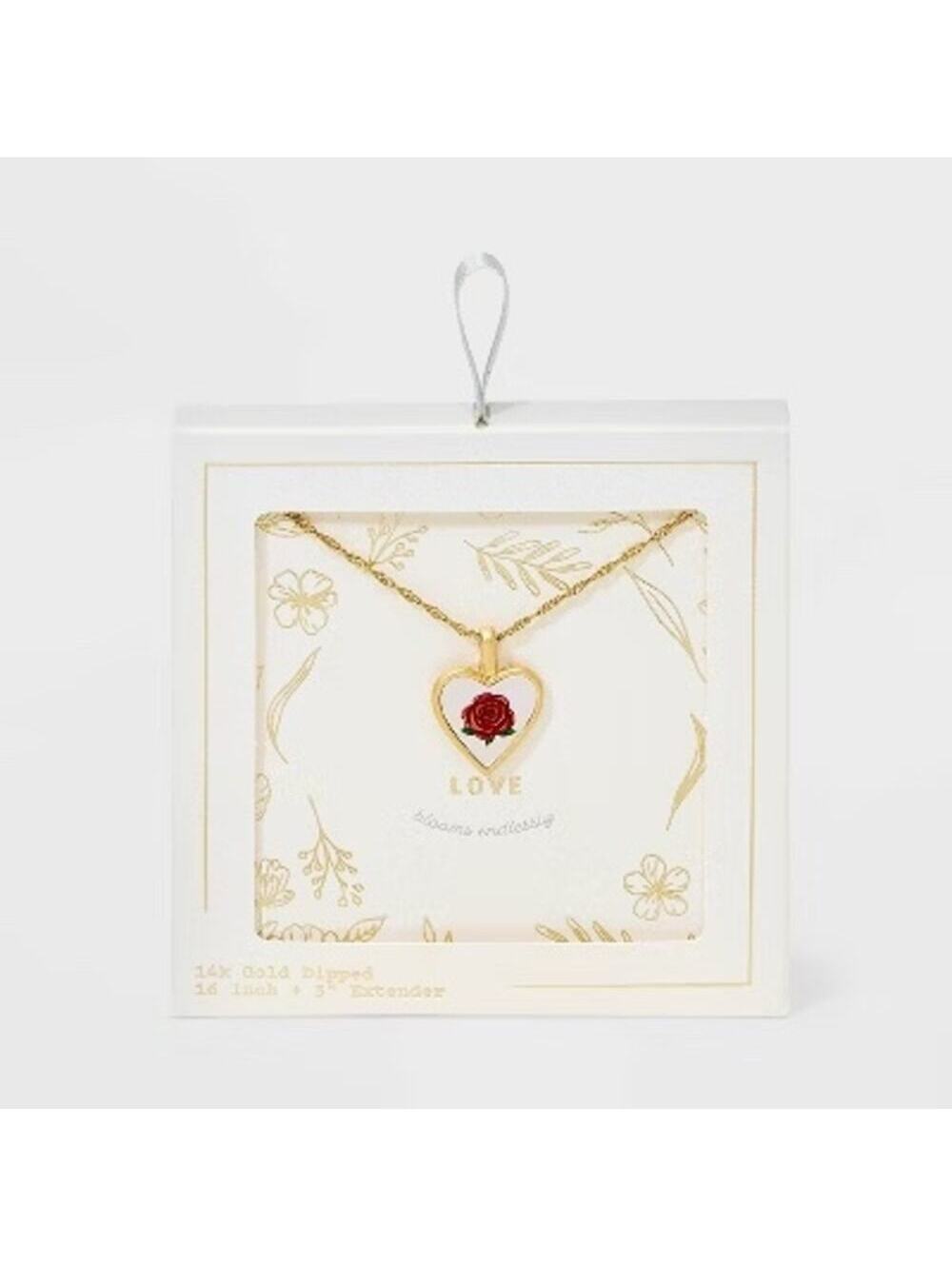 Target Love Blooms Endlessly 14K Gold Dipped Heart Necklace with Red Rose 16”